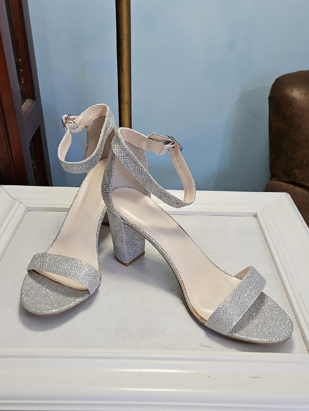 David's Bridal Arya Silver Glitter Ankle-Strap Block Heel Sandals - Women  11